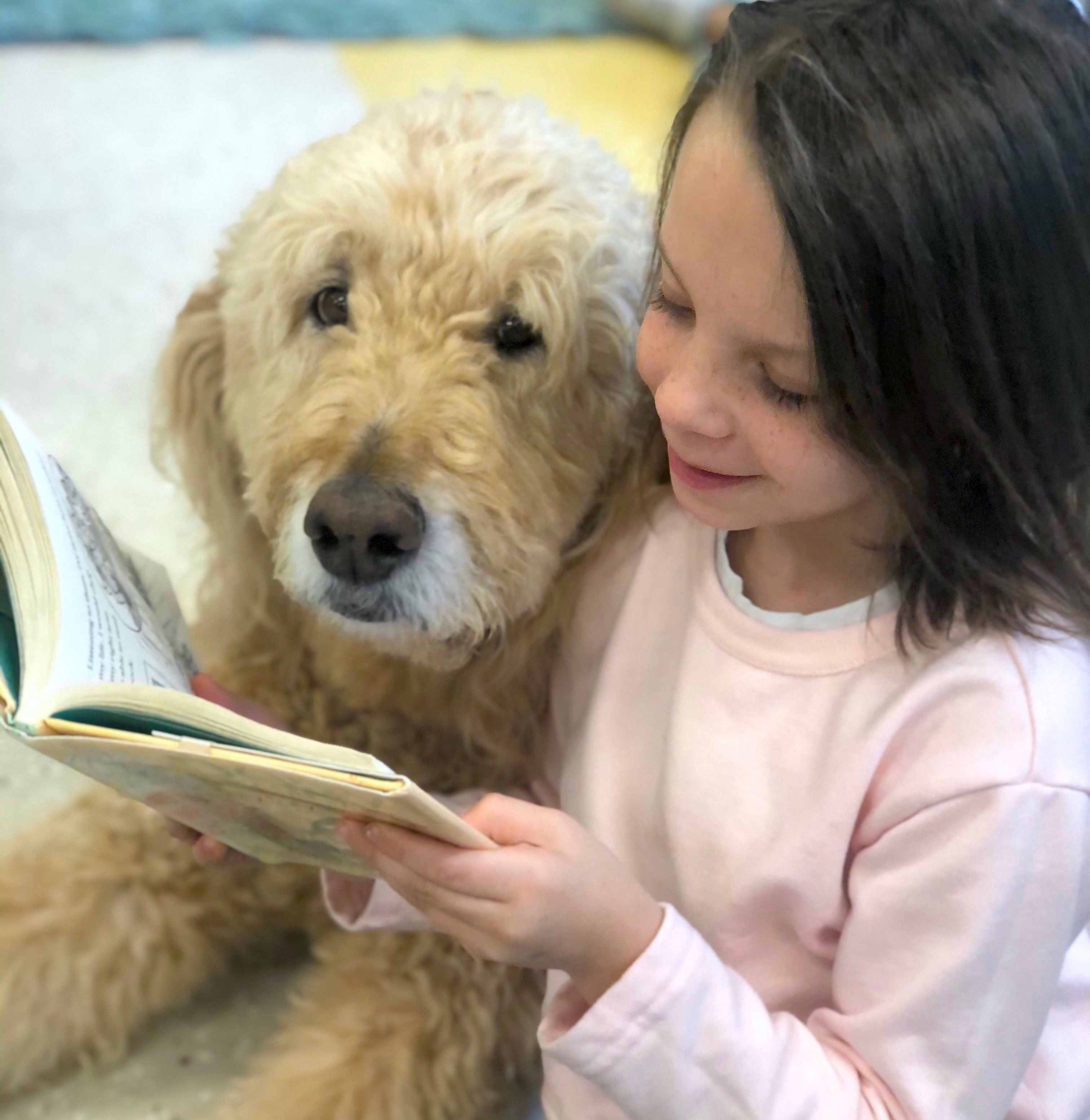 Buckeye reads a book with a student.