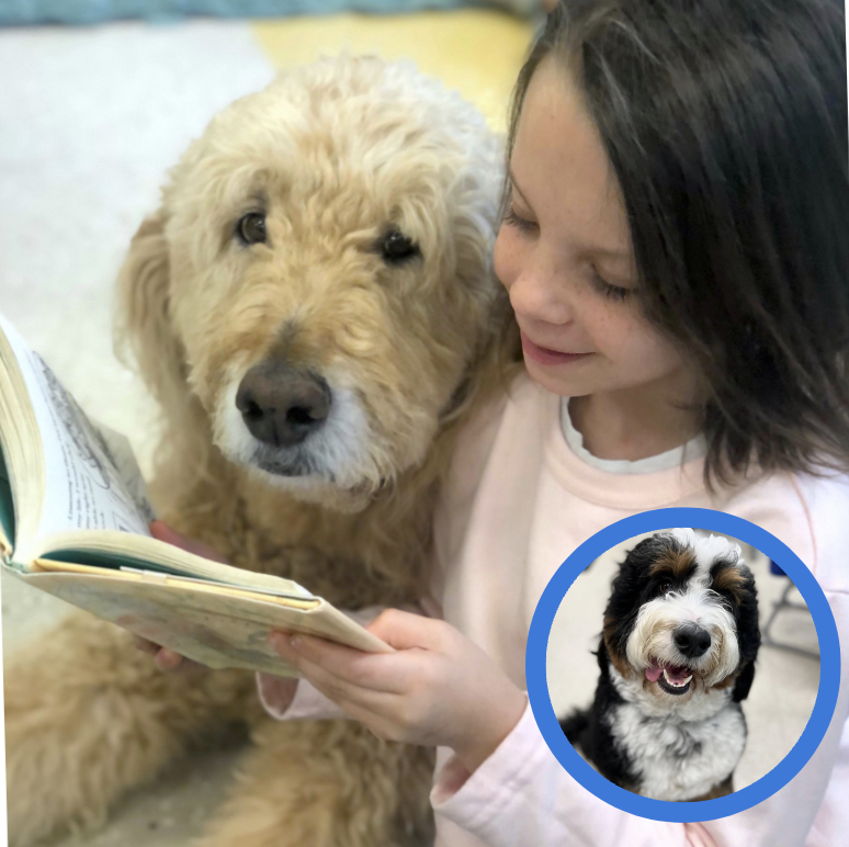 Buckeye reads a book with a student.